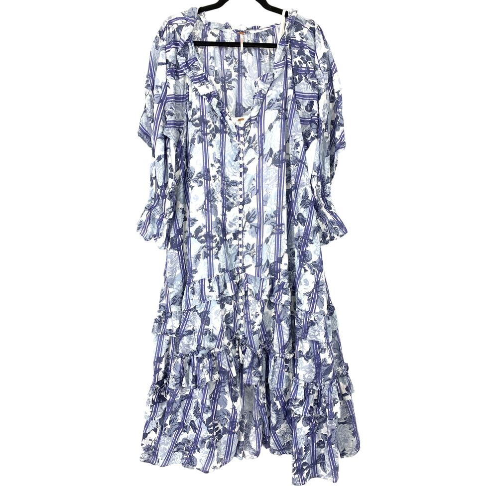 Free People Garden Wonders Tiered Midi Dress Womens Small Blue Floral Stripe